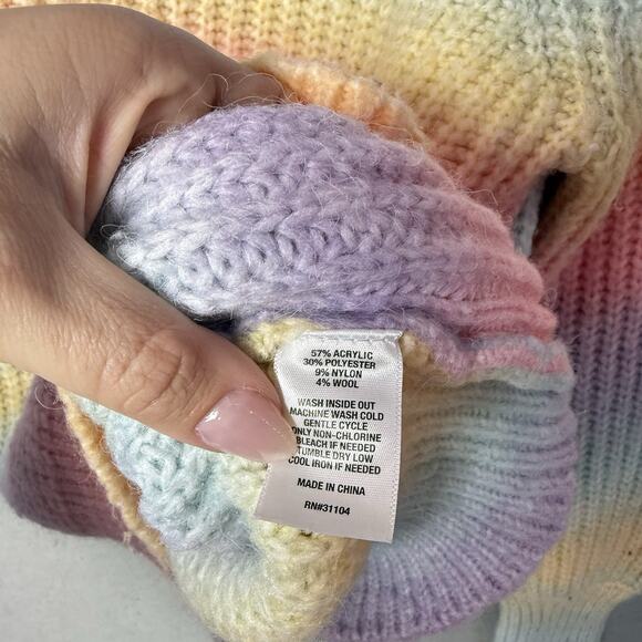 Crown & Ivy Crew Neck Sweater Rainbow Color Cable Hand Knit Wool Blend Size L - Picture 5 of 8